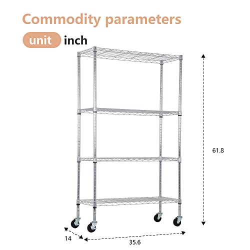 BestOffice | 4-Tier Wire Shelf with Wheels | 36" x 14" x 62" | Chrome - color: Chrome, size: 36"D x 14"W x 62"H