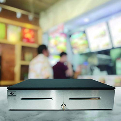 APG Heavy Duty 18" Cash Drawer | Series 4000 JD320-BL1816-C | Stainless-Steel-Front Cash Drawer | MultiPRO 320 Interface | 24V | 5x5 | 18" x 4.2" x 16.7" | Black - color: Printer-Driven 24V - Black w/ Stainless Front