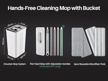 JOYMOOP Flat Mop System, Microfiber Mop and Bucket Set, White, Commercial & Household Use, Hardwood Floor & Wall Cleaning Mop with Long Handle, 4 Microfiber Pads - color: K