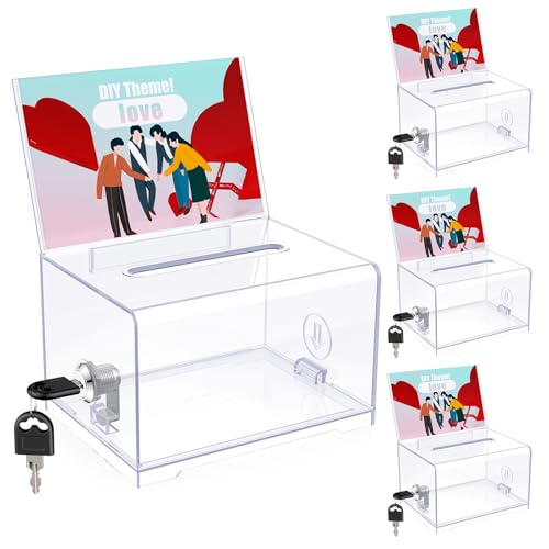 Uniclife 4 Pack 6.2"x 4.7" x 4" Clear Acrylic Donation Box with Lock Slot - color: Clear, size: 4 Pack