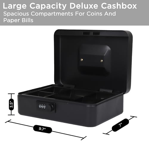 Darice Cash Box - Large Money Safe - Black Stainless Steel - Mechanical Key Lock - Removable Money Tray - Handle (7" x 9.7" x 3.5") - size: Large