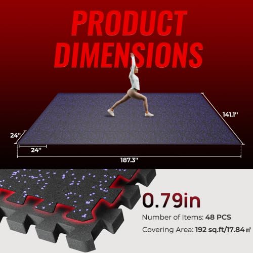SUPERJARE 0.79'' Extra-Thick 48 Pcs 192 Sq Ft Exercise Equipment Mats - color: Black/Purple, size: 48 Tiles (192 Sq Ft)