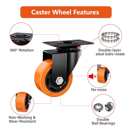 2" Swivel Plate Casters Set of 4 Heavy Duty 400 lbs - color: Orange, size: 2 Inch Non-Brake