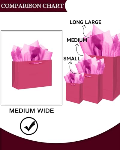 qiqee 24PCS Bright Pink Gift Bags with Ribbon Handles 9.6"x7.9"x4.3" Medium Size Gift Bags (Tissue Paper included, Medium Wide) - color: Bright Pink, size: 24 Count (Pack of 1)