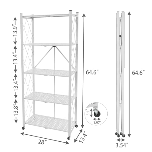 5-Tier Folding Shelf with Wheels No Assembly Portable Shelves - color: White, size: 5 Tier