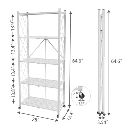 5-Tier Folding Shelf with Wheels No Assembly Portable Shelves - color: White, size: 5 Tier