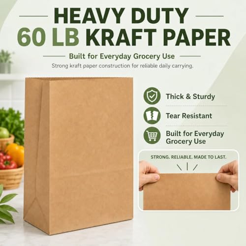 MESHA Paper Grocery Bags 12 x 7 x 17 Inches 100 Pack Bulk 60 Lbs Basis - size: 12"x7"x17" 100PACK