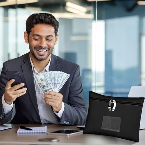 Money Bag with Zipper Lock for Cash, Black, 11.4x8.3in - color: white