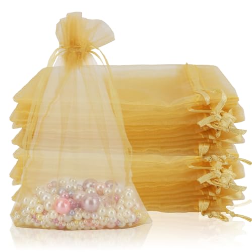 100PCS Organza Bags, 4x6 inch Small Mesh Sachets, Gold Sheer Wedding & Party Favor Bags for Candy, Jewelry, Bracelets and Small Gifts - color: Gold