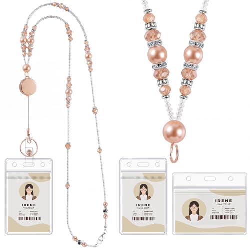 Teacher Beaded Lanyard with Retractable Badge Reel, Pearl, Gold - color: Gold