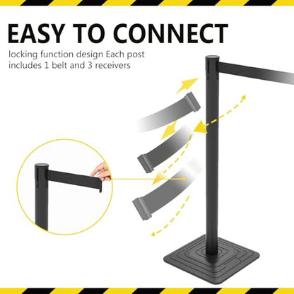 4 Pack Crowd Control Stanchions with 10FT Retractable Black Belt - color: BLACK BELT