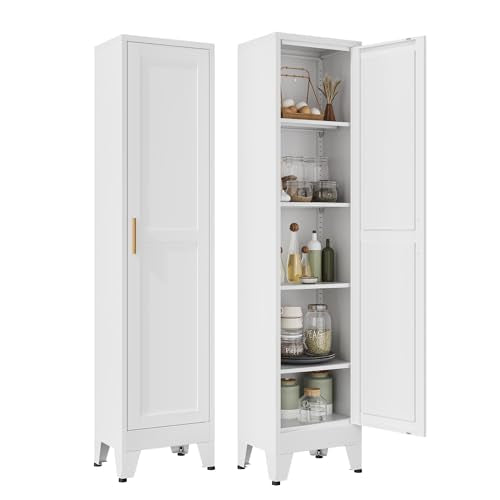 YAUWOH Narrow Metal Storage Cabinet, Tall Freestanding Cabinet with 4 Adjustable Shelves & Barn Doors, Pantry Organizer for Bathroom Kitchen Home Office Dining Room（1PC,White） - color: White, size: 67"H 1 Door 0 Drawer-Embossed Door