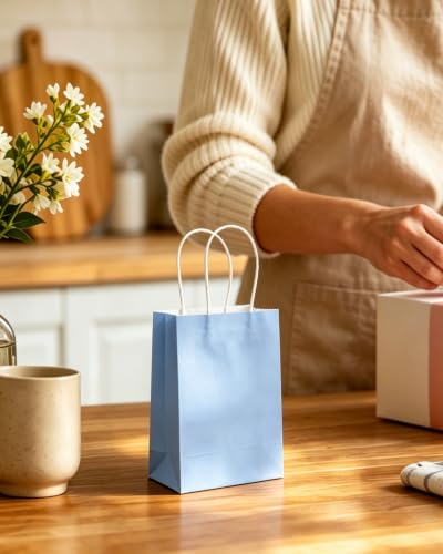 qiqee 24PCS Mini Gift Bag with Handles Bulk 4.5"x2.5"x6" Gift Bags Light Blue Bags Multiple Uses - color: Light Blue