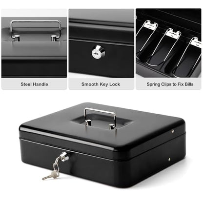 Cash Box with Key Lock & Foam Auto-Pop Coin Tray – Secure Steel Money Box with 4 Upgraded Finger-Safe Bill Clips, Premium Smooth Scratch-Resistant Coating, 11.8"L x 9.5"W x 3.5"H, KL Black - color: KL Black