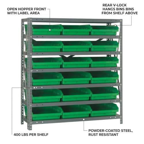 Quantum Storage 1239-109 Steel Shelf Bin Organizer System, 18 4"H Hopper-Front Bins, 7-Shelf Unit, 400 lb Per Shelf, for Warehouse, Shop, Garage & Stockroom, 12"D x 36"W x 39"H, Green - size: 39" H x 36" W x 12" D, style: 12" L x 12" W x 4" H 18 Economy G