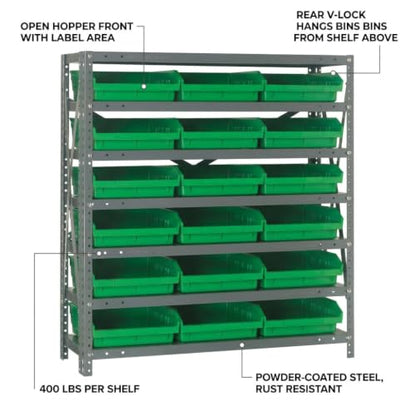 Quantum Storage 1239-109 Steel Shelf Bin Organizer System, 18 4"H Hopper-Front Bins, 7-Shelf Unit, 400 lb Per Shelf, for Warehouse, Shop, Garage & Stockroom, 12"D x 36"W x 39"H, Green - size: 39" H x 36" W x 12" D, style: 12" L x 12" W x 4" H 18 Economy G
