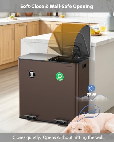 Dual Trash and Recycling Bins for Kitchen, 2*13.2 Gal Dual Trash Can, Brown - color: Brown, size: 2 * 13.2 Gallon