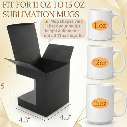 AVLA 50 Pack Mug Boxes for Gifts, Black Sublimation Mugs Packaging Box, 11oz 12oz 15oz Coffee Mugs Boxes with Window for Wrapping Birthdays Wedding Anniversaries Christmas