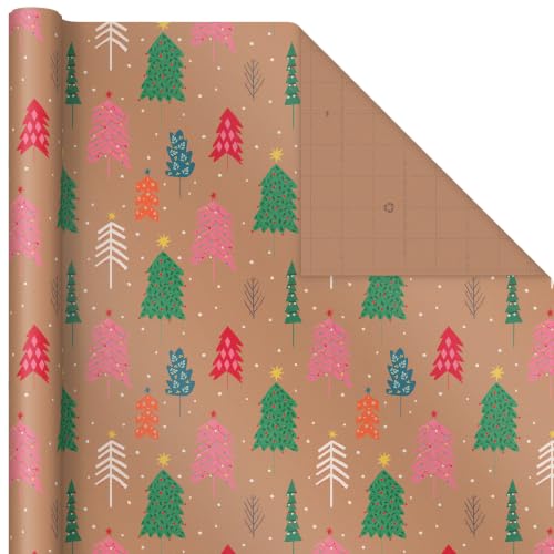 Hallmark Christmas Wrapping Paper Rolls, Brown Kraft Holiday Gift Wrap (Pack of 3: 90 sq. ft. ttl) Snowflakes, Pink Trees, "All Kinds of Merry"