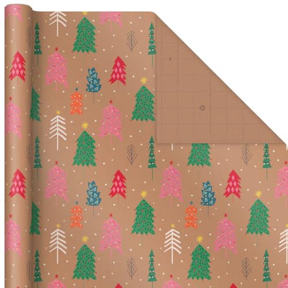 Hallmark Christmas Wrapping Paper Rolls, Brown Kraft Holiday Gift Wrap (Pack of 3: 90 sq. ft. ttl) Snowflakes, Pink Trees, "All Kinds of Merry"