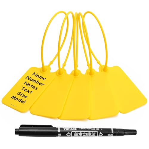 100 Yellow Blank Plastic Tags for Labeling Waterproof Hanging Labels Writable Tags Seal Plastic Marking Label for Clothes Bags Keys Inventory with One Marker Pen - color: Yellow, size: 100 PCS
