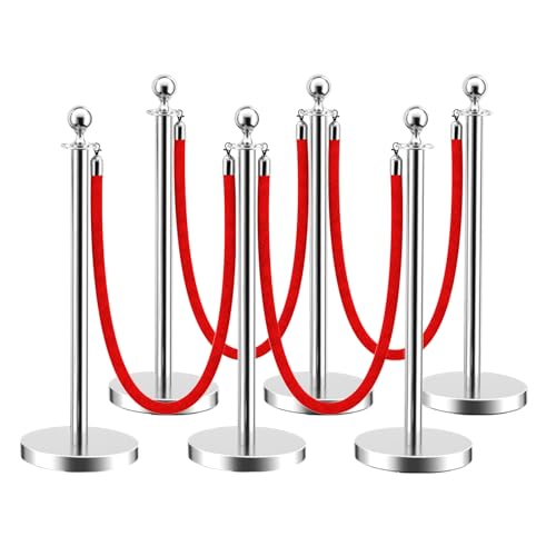 LOVMOR Stainless Steel Stanchion Post, Stanchions with Red Rope, Hollow Base and Velvet Ropes Safety Barriers Set, Carpet Runner for Party (6pack-Silver) - color: Silver-6pack
