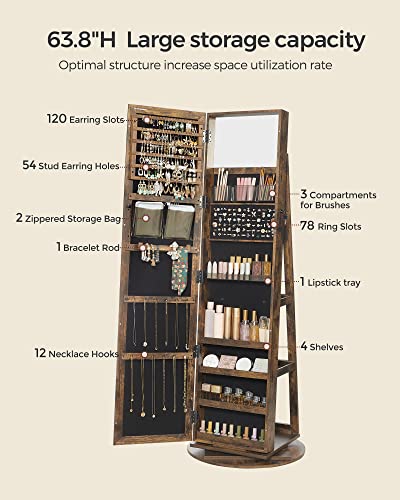 SONGMICS 360° Swivel Jewelry Cabinet, Full-Length Mirror, Lockable - color: Rustic Brown, style: Framed Mirror, Classic