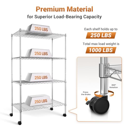 Simple Deluxe Heavy Duty 4-Tier Shelving with Wheels, 35.43" W x 17.72" D x 61.02" H Adjustable Steel Organizer Wire Rack, 1400 Lbs Loading Capacity, Chrome - color: Chrome, size: 4-Tier, 36"W x 18"D x 61"H