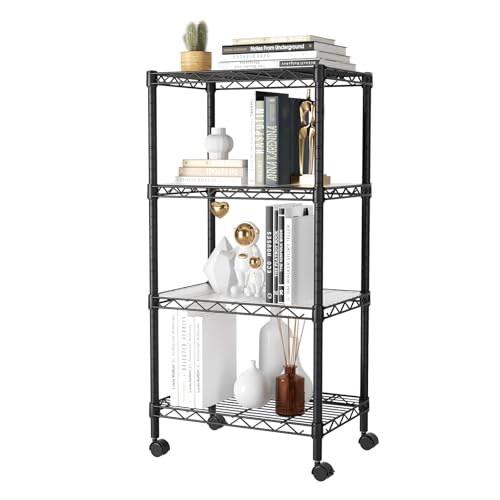 SINGAYE 4 Shelves Storage Shelf Wire Shelving Unit Metal Adjustable Wheels - color: Black, size: 4Tier/11.5"D X 17.5"W X 45"H