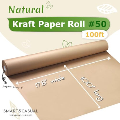 SMART&CASUAL Brown Wrapping Paper Roll 17.8"×1,200"(100') Kraft Paper for Craft Gift Bulletin Board Banner Bouquet Flower Table Covering Packing Shipping Moving 70GSM 50LB(Brown, 17.8" x 1,200") - color: Brown, size: 17.8" x 1200"