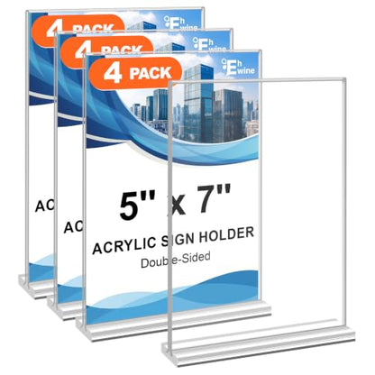EHWINE 4 Pack Acrylic Sign Holders 5x7 Double-Sided Tabletop Display Stands for Menus Flyers & Signs, Clear Acrylic Picture Frame for Office Business Store & Events - size: 4 Pack 5x7 Inch