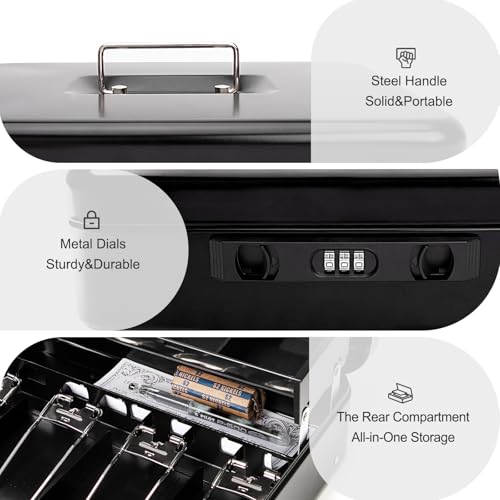 Jssmst Metal Cash Box with Money Tray and Lock, Portable Cash Drawer, 11.8" - color: Black Code-B