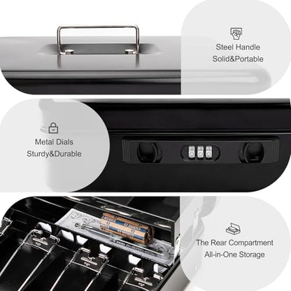 Jssmst Metal Cash Box with Money Tray and Lock, Portable Cash Drawer, 11.8" - color: Black Code-B