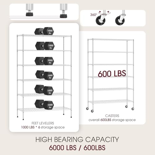 BestOffice | 6-Tier Wire Shelf with Wheels | 48" x 18" x 77" | Chrome - color: Chrome, size: 48"D x 18"W x 77"H