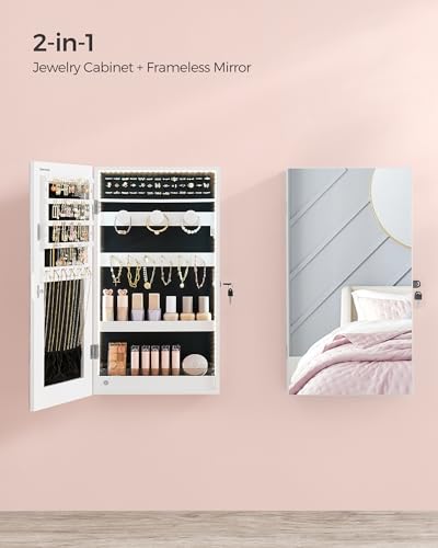SONGMICS Lockable Jewelry Cabinet Armoire with Mirror, Wall-Mounted - color: White, style: Simple LED
