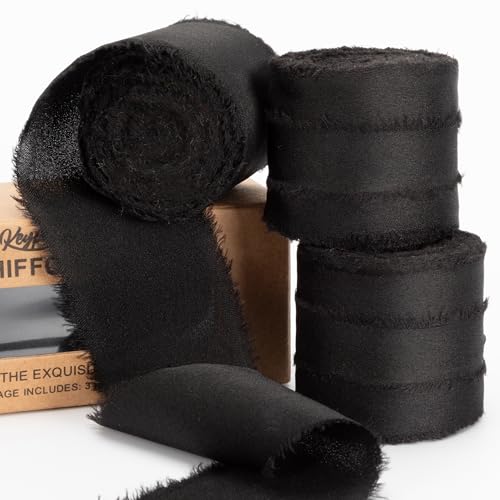 Keypan Black Frayed Satin Chiffon Ribbon, 1.5 Inches, 21 Yards - color: Black