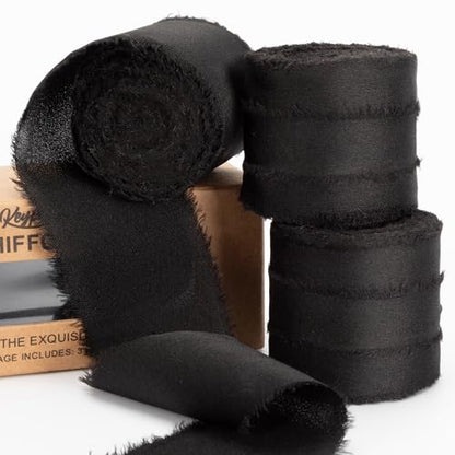 Keypan Black Frayed Satin Chiffon Ribbon, 1.5 Inches, 21 Yards - color: Black