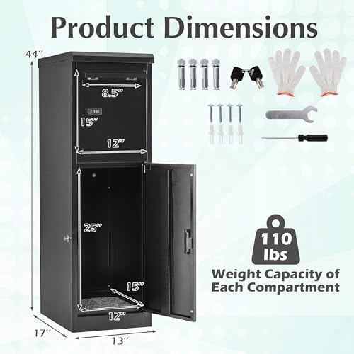COSTWAY 44" Heavy-Duty Galvanized Steel Parcel Drop Box - size: 13" x 17" x 44"