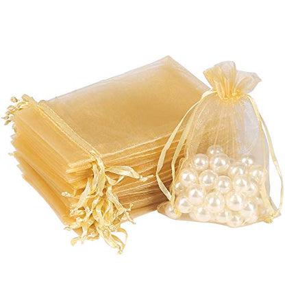 HRX Package 100pcs Gold Organza Gift Bags, 4 x 6 inch Candy Mesh Drawstring Favor Bags Jewelry Pouches for Christmas Wedding Party - color: Gold