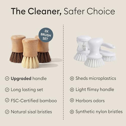 Vove Bamboo Dish Scrub Brush Set 3-Pack with Ceramic Holder - size: Brush & Cup Set - 1 Hard, 1 Medium