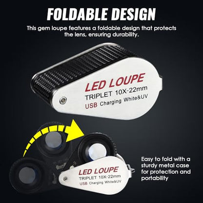 10X Jewelers Loupe Magnifier with UV & LED Lights, 22mm Triplet Lens, Rechargeable Foldable Jewelry Magnifier for Gems, Coins, Diamonds Inspection, Portable Loupe Tool