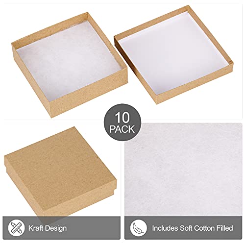 Cardboard Jewelry Boxes 10 Pack - 3.5"x3.5"x1" Bulk Cotton Filled Small Gift Boxes with Lids for Jewelry Packaging (Kraft) - color: Kraft