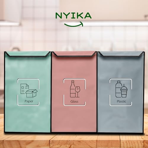 NYIKA - Recycling Organizer - Reusable Recycling Bags - Recycling Sorter - Trash Sorting Bins - 3 Compartment Recycle - Pack of 3 Bags with Lid