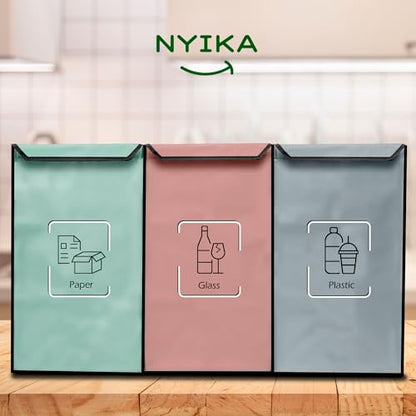 NYIKA - Recycling Organizer - Reusable Recycling Bags - Recycling Sorter - Trash Sorting Bins - 3 Compartment Recycle - Pack of 3 Bags with Lid