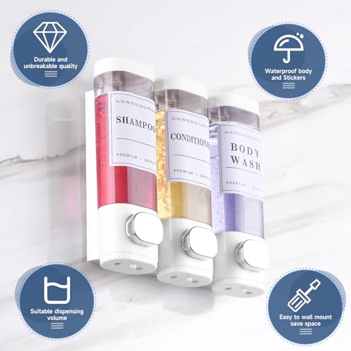 Shower Soap Dispenser Wall Mounted No Drill Shampoo Dispenser for Shower Wall Shampoo and Conditioner Dispenser Bathroom Hotel 3 * 350ml White with 3 Labels - color: White 3