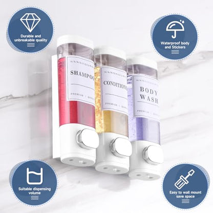 Shower Soap Dispenser Wall Mounted No Drill Shampoo Dispenser for Shower Wall Shampoo and Conditioner Dispenser Bathroom Hotel 3 * 350ml White with 3 Labels - color: White 3