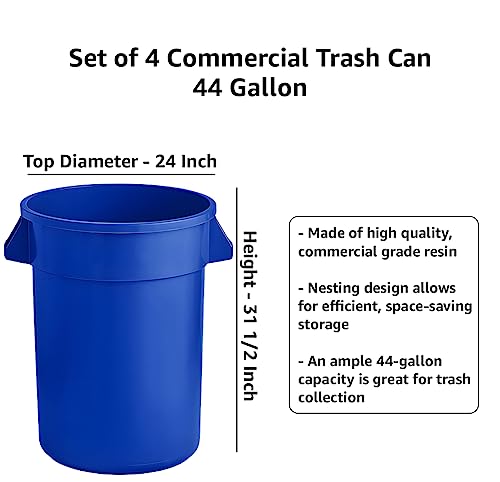 Set of 4 Round Commercial Trash Can 44 Gallon, Industrial Recycling Bin, Durable Garbage Can, Safe Food Container, Ingredient Bin (Blue) - color: Blue