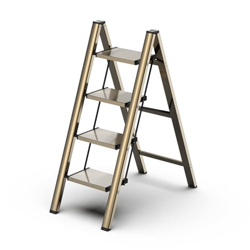 4 Step Ladder, Foldable Aluminum Step Stool with Anti-Slip Pedal - color: Champagne Gold, size: 4 Step