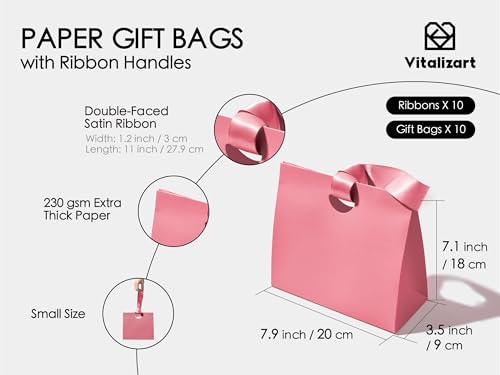 Vitalizart Paper Gift Bags With Ribbon Handles Small Pink Bulk Pack - color: Pink, size: Small Size/10pcs