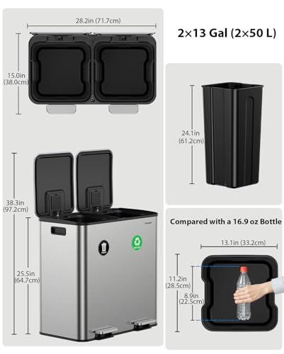 Dual Trash and Recycling Bins for Kitchen, 2×13 Gallon (2× 50L) Stainless Steel Trash and Recycle Bin Combo with Soft-Close Lid, Large Garbage Cans for Kitchen Home with 2 Magnets Sticker, Silver - color: Silver